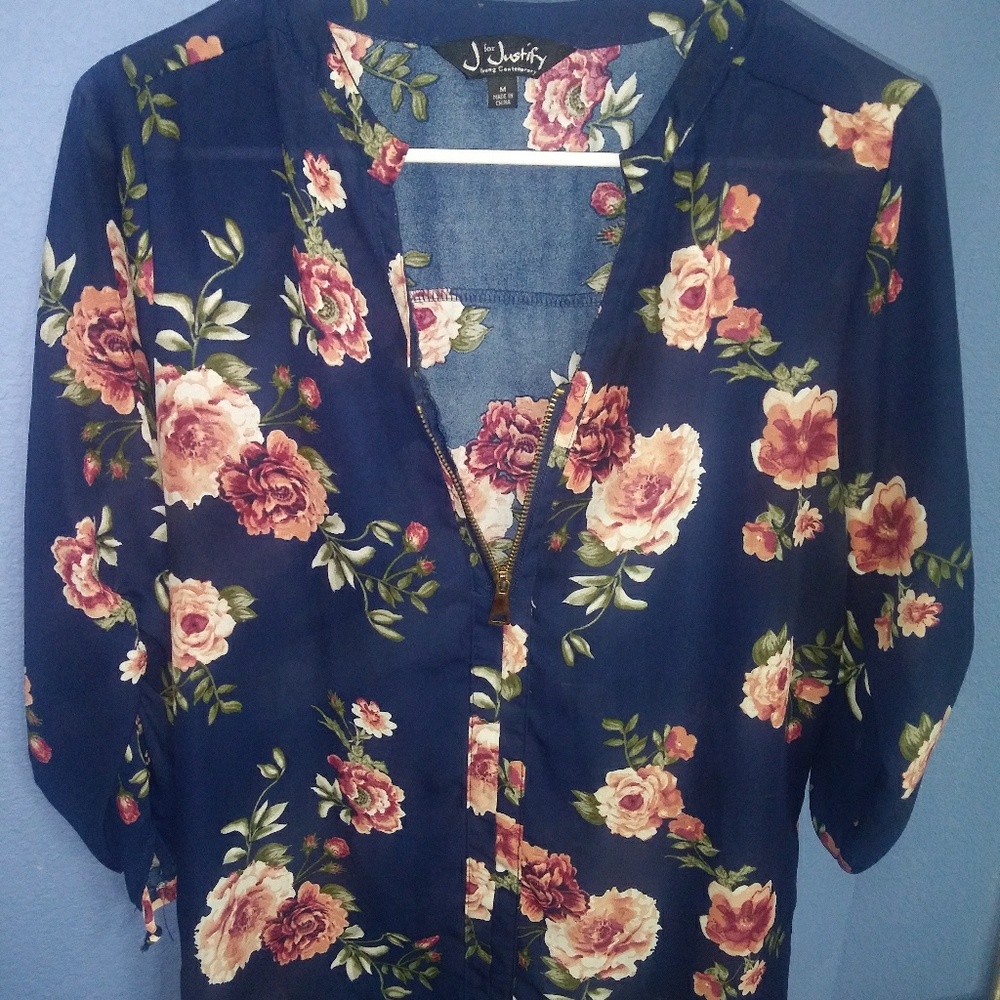 Navy Blue Women's floral zipper Blouse